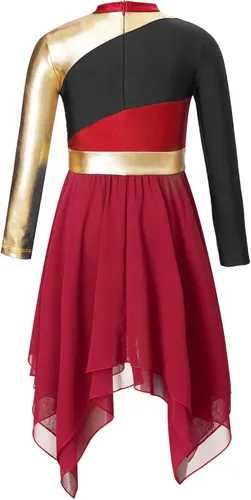 Miniatura 2 de JEATHA Vestido tipo túnica asimétrica de alabanza metálica brillante de manga larga para niños y niñas, disfraz de baile contemporáneo lírico