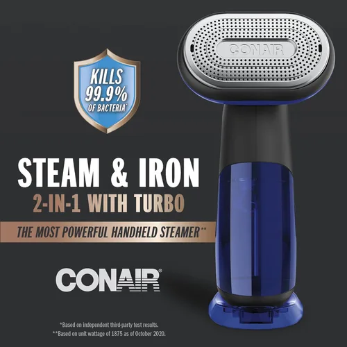 Miniatura 2 de Conair 2 en 1 Vaporizador de Mano y Plancha para Ropa, Turbo ExtremeSteam Vaporizador de Ropa de 1875W y Plancha de Ropa, Negro / Azul
