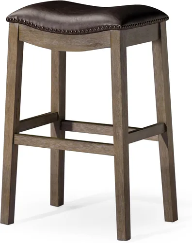 Miniatura 10 de Maven Lane Adrien Taburete de bar sin espalda, asiento de silla de montar de 31 pulgadas con reposapiés, marco de madera maciza gris y tapicería