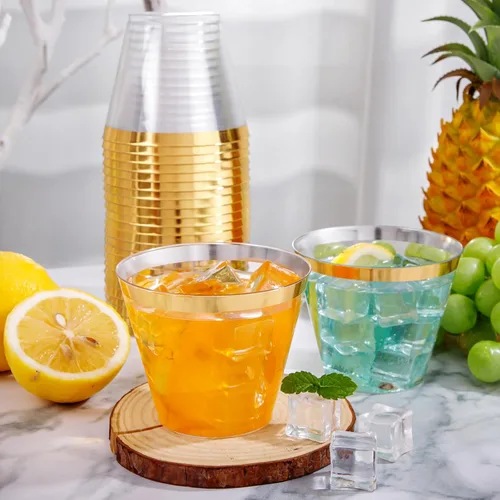 Miniatura 3 de I00000 Vasos de plástico resistentes, 9 onzas, con borde dorado, transparentes, 100 unidades, libres de BPA, desechables, para fiestas y bodas