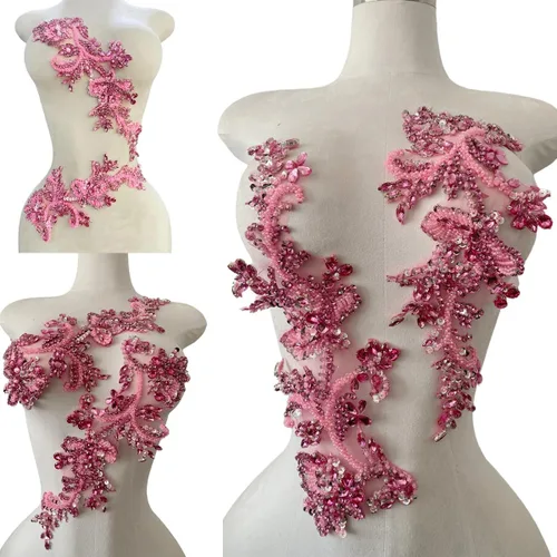 Miniatura 14 de Parches de apliques de encaje brillantes hechos a mano con cuentas de costura, lentejuelas y accesorios para vestido de novia, un par/bolsa Plata