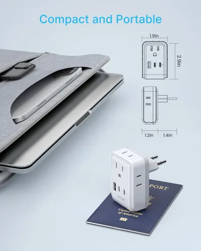 Miniatura 5 de Paquete de 2 adaptadores de enchufe de viaje europeos, adaptador VINTAR Europe con 4 salidas de CA, 3 puertos USB (2 USB C), adaptador de corriente