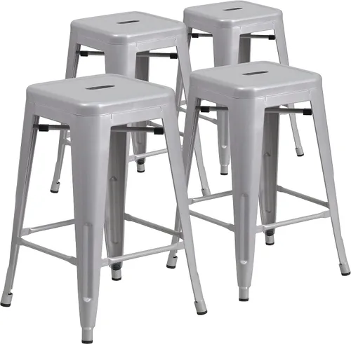 Miniatura 11 de Taburete de 24 pulgadas de alto para interior y exterior con asiento cuadrado., Metal, Negro