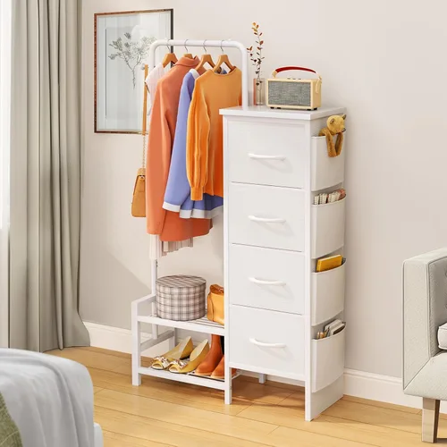 Miniatura 7 de Cómoda con estante para colgar, perchero de 52 pulgadas de alto con cajones, 4 cajones y 4 bolsas laterales, cómoda de tela con estantes inferiores