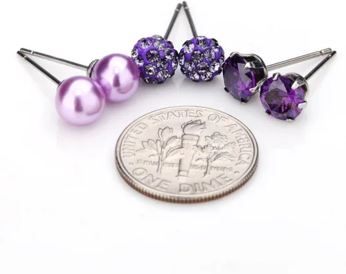 Miniatura 30 de JewelrieShop - Juego de aretes de tuerca de acero inoxidable con circonitas cúbicas y perlas de imitación, 3 pares de 0.236 in
