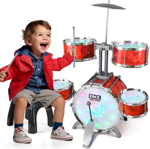 Juego de batería para niños de 1-3, 3-5 años, con taburete, soporte más alto de juguetes musicales para niños pequeños, batería roja para niñas y
