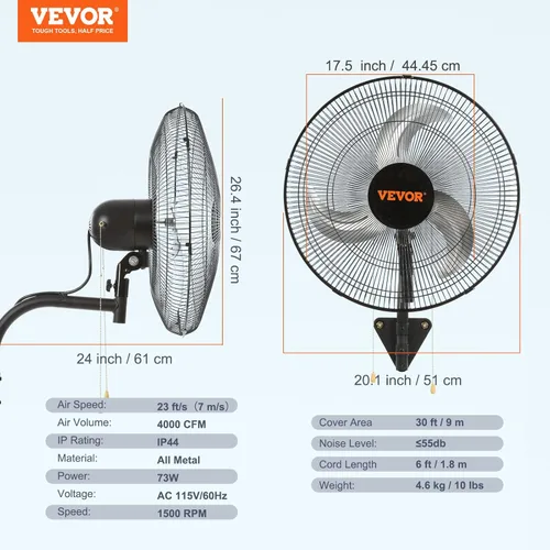 Miniatura 7 de VEVOR - Ventilador de pared de 18.0 pulgadas oscilante, de 3 velocidades, alta velocidad máxima de 4000 CFM, ventilador de pared industrial