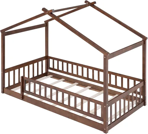 Miniatura 5 de Cama de casa tamaño individual con barandillas de valla, marco de cama de madera estilo Montessori para niños, divertidas camas de casa