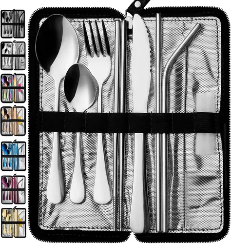 VANDBAO Utensilios de viaje portátiles, cubiertos reutilizables con estuche para fijar vajilla, juego de cubiertos estables de acero inoxidable de 9