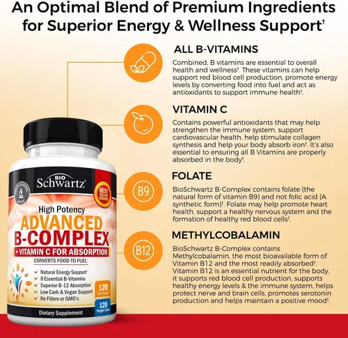 Miniatura 4 de Complejo de vitamina B con vitamina C para una máxima absorción, metilcobalamina b12 y suplemento de ácido fólico folato - B1 B2 B3 B5 B6 B7 B9