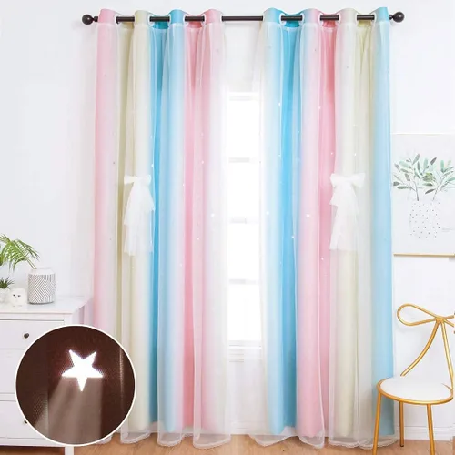 UNISTAR 2 paneles de cortinas opacas con estrellas para dormitorio de niños y niñas, sala de estar, colorida doble capa recortada, rayas rosa y
