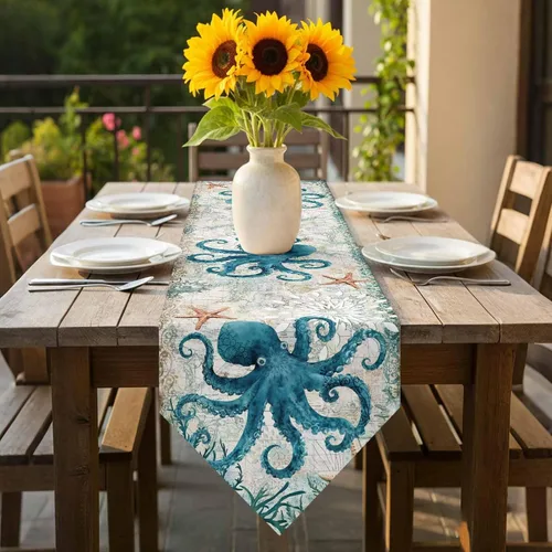 Miniatura 8 de Camino de mesa de verano pequeño de 13 x 36 pulgadas, acuarela azul, lino y algodón, pulpo de animales marinos, manteles retro con temática náutica