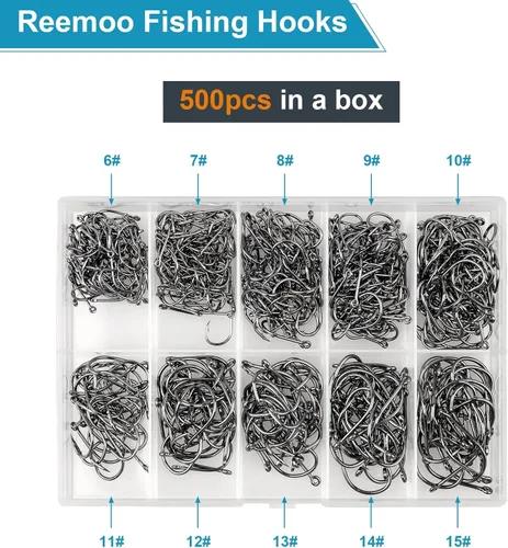 Miniatura 2 de 500 unidades/100 unidades ReeMoo anzuelos de pesca de alta calidad, 10 tamaños/4 tamaños, ganchos de pesca de acero al carbono con caja de plástico
