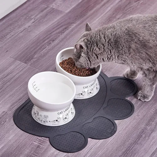 Miniatura 2 de Cuencos elevados de cerámica para gatos Cuenco elevado inclinado para alimentos y agua Cuenco pequeño para perros con alfombrilla de silicona