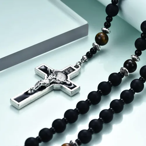 Miniatura 4 de Rosario de cuentas católicas hechas a mano de 0.315 pulgadas para hombre, collar de rosario negro grande con medalla milagrosa, rosarios, regalos