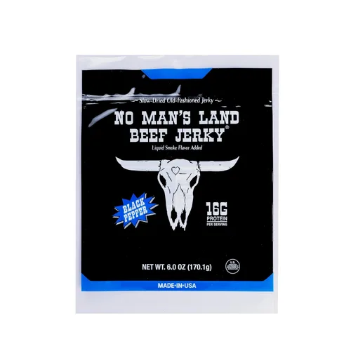 Miniatura 15 de No Mans Land Beef Jerky - Pimienta negra Tiras de carne seca secadas lentamente, ahumadas y sazonadas Bocadillo de carne de res alto