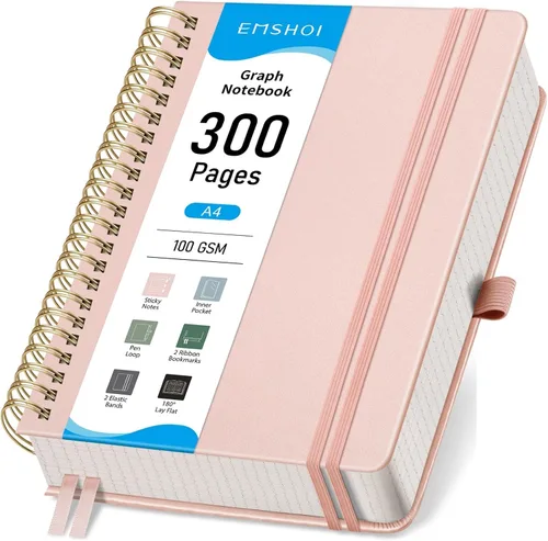 Miniatura 15 de EMSHOI Cuaderno de Espiral con Puntos para Bullet Journal - 300 Páginas, Cuero de Tapa Dura A4, Cuaderno de Cuadrícula de Puntos Gruesos de 100 GSM