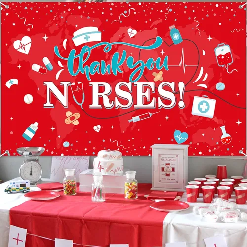 Miniatura 7 de Decoración de telón de fondo con texto en inglés "Thank You Nurs", tela grande 2026, Día Nacional de la Enfermera, fondo de cabina de fotos