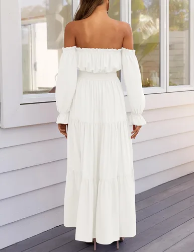 Miniatura 4 de ZESICA - Vestido largo, bohemio y sexy, con hombros descubiertos y manga larga fruncida, con elástico fruncido, cintura alta y abertura lateral