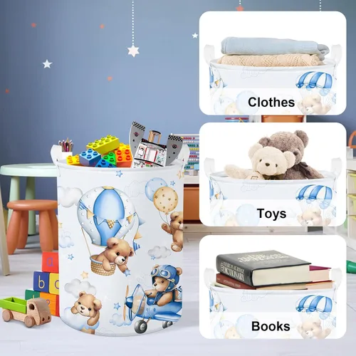 Miniatura 5 de Clastyle Cesta grande de 45 L con asa plegable para almacenamiento de juguetes con tapa para guardería y niños, con diseño de oso azul