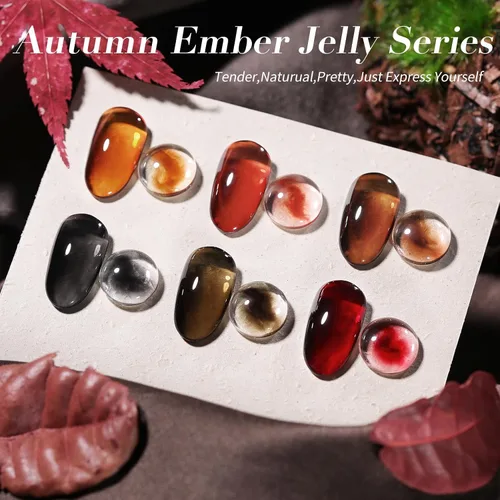 Miniatura 5 de Born Pretty Esmalte de uñas de gel de color ámbar cristal marrón naranja burdeos rojo negro para otoño e invierno, esmalte de uñas transparente