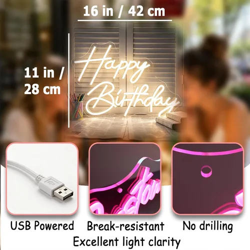 Miniatura 3 de Letrero de neón de feliz cumpleaños, luces de neón LED regulables, para fiesta de cumpleaños, letreros de neón para decoración de pared, alimentados
