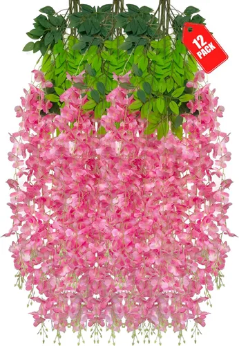 Miniatura 58 de Paquete de 12 flores colgantes de glicina rosa, flores colgantes falsas de 3.44 pies, guirnalda de glicina artificial para decoración de boda, telón