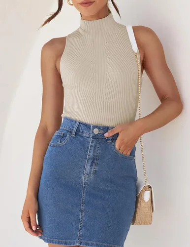 Miniatura 3 de ZESICA Camisetas sin mangas de verano para mujer, cuello de tortuga, de punto acanalado, ajustadas, básicas, casuales