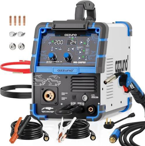 AZZUNO Soldador MIG 110V/220V, 200A Máquina de Soldar 8 en 1 Núcleo de Flujo MIG/MIG con Gas/MAG/MIG de Aluminio/MIG Puntual/Lift TIG/Soldadura con