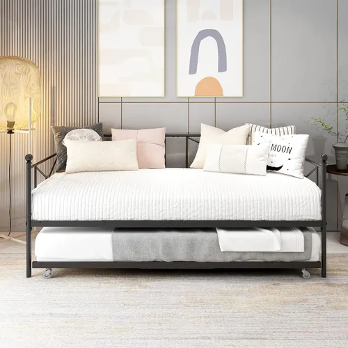 Miniatura 4 de Sofá cama con base de sofá cama nido con cabecero, soporte de listones de acero premium, base de colchón multifuncional, individual, negro