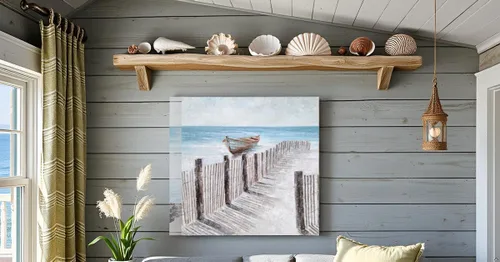 Miniatura 8 de Yihui Arts - Lienzo decorativo para pared de playa con diseño de bote azul y gris costero náutico cuadrado, pintura artística para decoración