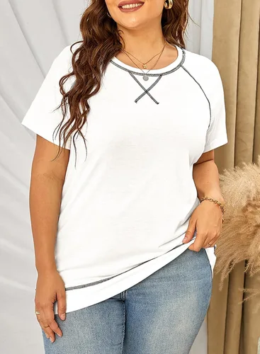 Miniatura 119 de Eytino Blusas de talla grande para mujer, cuello en V, manga corta, a rayas, casual, holgada, con bolsillo (1X-5X)