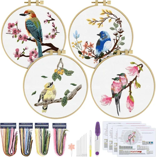 Miniatura 10 de ERKOON 4 Kits de Bordado, Juego de Punto de Cruz de Animales que Incluye Tela de Bordado, Aros, Hilos para Amantes de las Manualidades, Puntada a