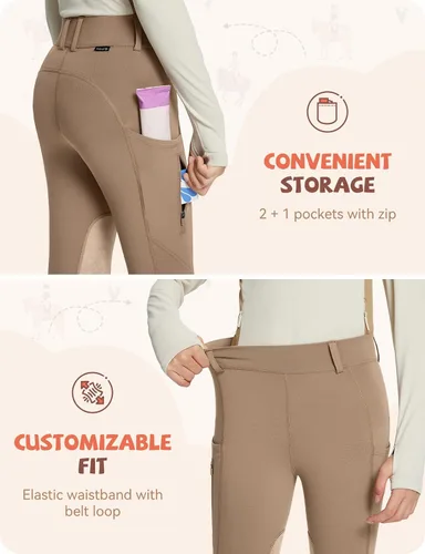 Miniatura 54 de baleaf Pantalones de equitación para niñas, pantalones ecuestres para niños, con parche en la rodilla, bolsillo con cremallera