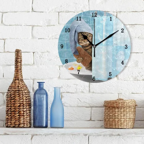 Miniatura 3 de Reloj de pared con diseño de gato que toma un baño, silencioso sin tictac, funciona con pilas, fácil de leer, reloj de pared decorativo para cocina