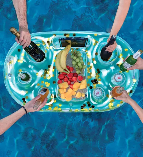 Miniatura 5 de POZA Hielera flotante inflable dorada – Lujoso soporte para bebidas relleno de confeti brillante, flotador de fiesta premium con 8 soportes, barra