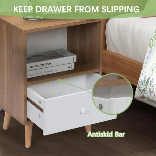 Miniatura 4 de JAXPETY Juego de 2 mesitas de noche modernas de madera, mesita de noche con cajón, muebles de noche, mesa auxiliar con estante abierto y patas
