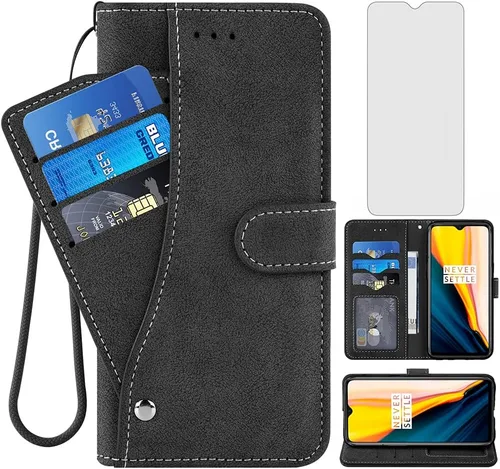 Compatible con OnePlus 7 6T Funda tipo cartera y protector de pantalla de vidrio templado con soporte para tarjeta de crédito con soporte para