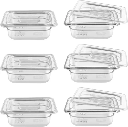 Miniatura 11 de Paquete de 6 sartenes transparentes de 1/3 de 4 pulgadas con tapas, recipientes de almacenamiento de alimentos transparentes de policarbonato 34/36