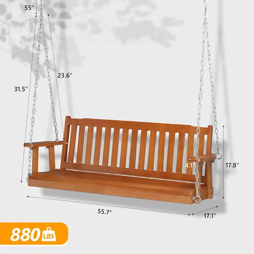 Miniatura 4 de VINGLI Columpio de madera para porche de patio de alta resistencia de 880 libras y 5 pies con cadenas ajustables mejoradas, banco colgante al aire