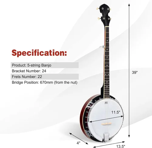 Miniatura 7 de Costzon Banjo de 5 cuerdas 24 soporte con 5º sintonizador engranado y mango cerrado de rango medio, kit para principiantes con bolsa de tela Oxford