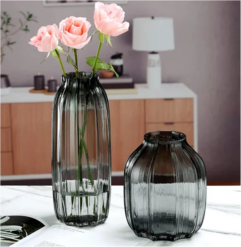 Miniatura 5 de Jarrón de vidrio negro gris para flores, jarrones altos de vidrio gris oscuro, H-8.0" diseño de rayas simples para decoración de piso del hogar, B
