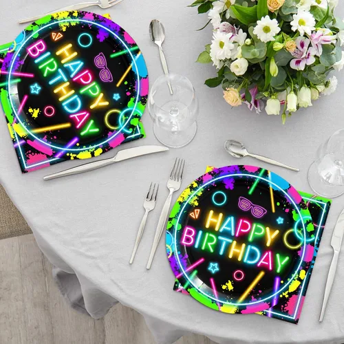 Miniatura 5 de Platos y servilletas de cumpleaños de neón, decoraciones de fiesta, 40 piezas que no brillan para baby shower, decoraciones de fiesta de cumpleaños