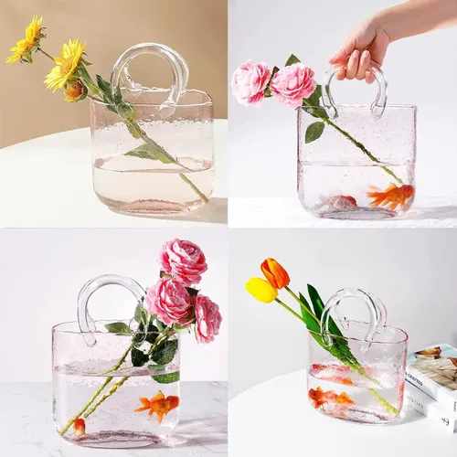 Miniatura 5 de Glass Bag Vase for Flowers, Glass Purse Vase Blowing by Hand Glass Flower Vase Purse Flower Vase, Glass Bag Vase for Decor,Style1-Blue