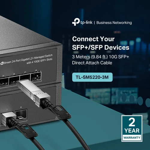 Miniatura 2 de TP-Link Omada SM5220-3M Cable de conexión directa 10G SFP+ (DAC) de 9.8 ft/ 10 pies Cable Twinax pasivo Conector SFP+ 10GBASE-CU a SFP+ Plug