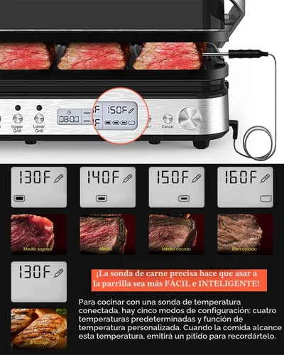 Miniatura 3 de Panini Press Grill Sandwichera con placas extraíbles, 1600 W, parrilla interior 6 en 1 con termómetro de carne, parrillas de contacto eléctricas