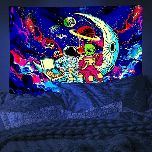 Miniatura 3 de Tapiz de luz negra de astronauta para hombres, póster de alienígena con luz negra para adolescentes y niños, divertido tapiz de pared de galaxia