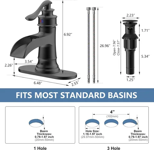 Miniatura 7 de Homevacious Grifo de lavabo de baño con cascada, monocontrol, negro mate y níquel cepillado, grifo mezclador para lavamanos, un orificio, palanca