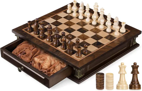 Peradix Juego de ajedrez magnético con 2 cajones de almacenamiento integrados, juegos de mesa de estrategia de madera de 12 pulgadas, 2 reinas