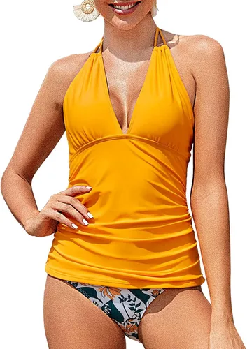 Miniatura 2 de Yonique Traje de baño de dos piezas para mujer, tankini con control de abdomen, talla extragrande, con cuello en V estilo halter